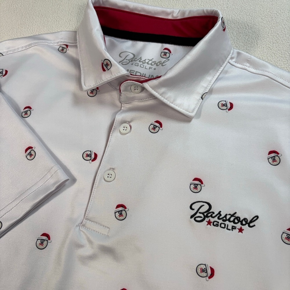 Barstool Golf Santa Head Polo Men's M White Stretch Christmas Print Performance‎